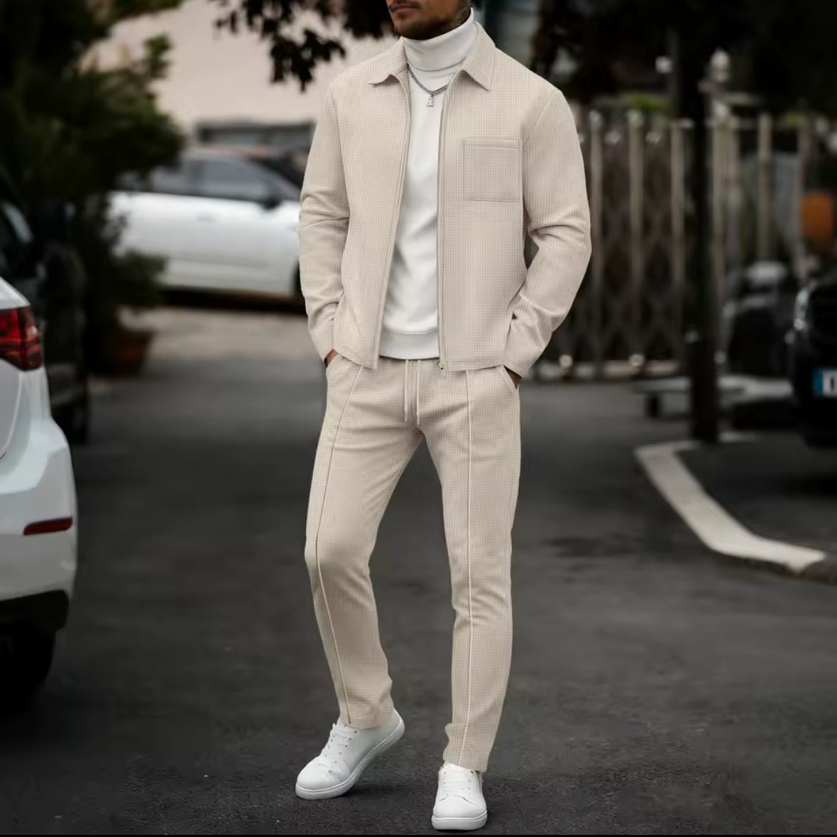 Men's fashionable casual plain-color waffle knit pullover with zipped pocket and collar, high-quality men's jacket, trousers set