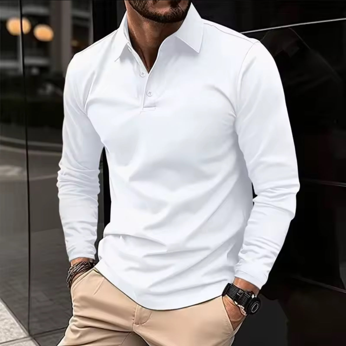 Men's Solid Color Long Sleeved Polo Shirt Spring and Autumn New Product Simple Exquisite Loose and Casual Men's Top