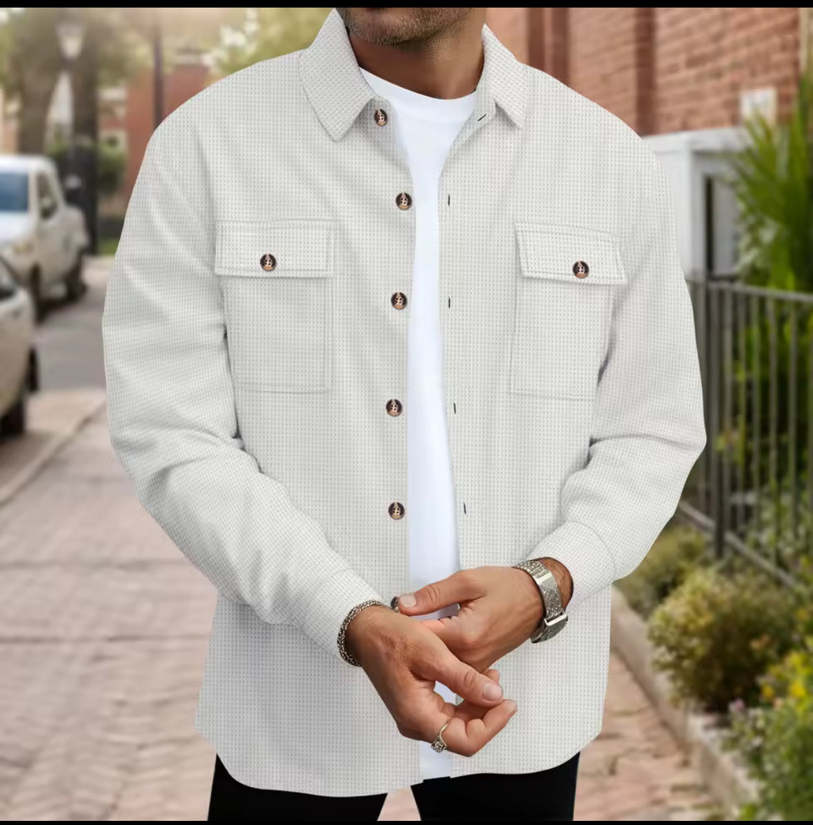 2026 Men's New Spring- Autumn Solid Color Waffle Jacket with Double Pockets and Collar, Long-Sleeved Shirt Tops